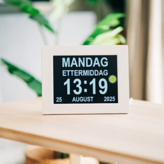 Lettleselig kalender-klokke for eldre 8" - flere språk, hvit
