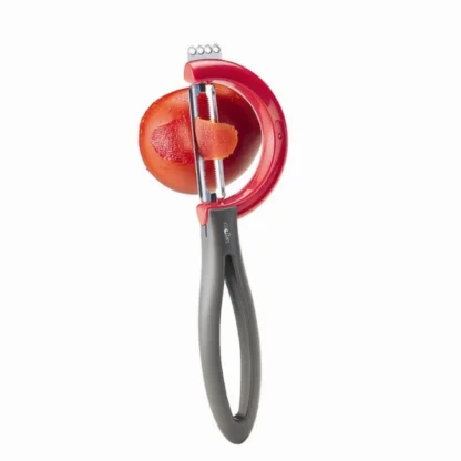 Oppdag den vendbare 2-i-1-skrelleren med takket blad og skreller - perfekt til frukt med tynt skall som tomater, kiwi og fersken. Ergonomisk grep.