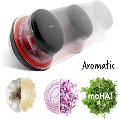 Oppdag moHA AROMATIC: Sveitsisk designet urtehakker for enkel kutting av urter og mer. Perfekt for kjøkkenet; oppvaskmaskinsikker og ergonomisk. For matelskere.