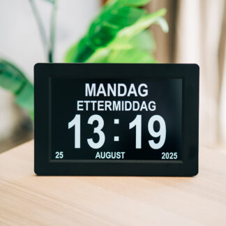 Lettleselig kalender-klokke for eldre 10" – flere språk, sort