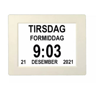 Lettleselig kalender-klokke for eldre 10″ – flere språk, hvit